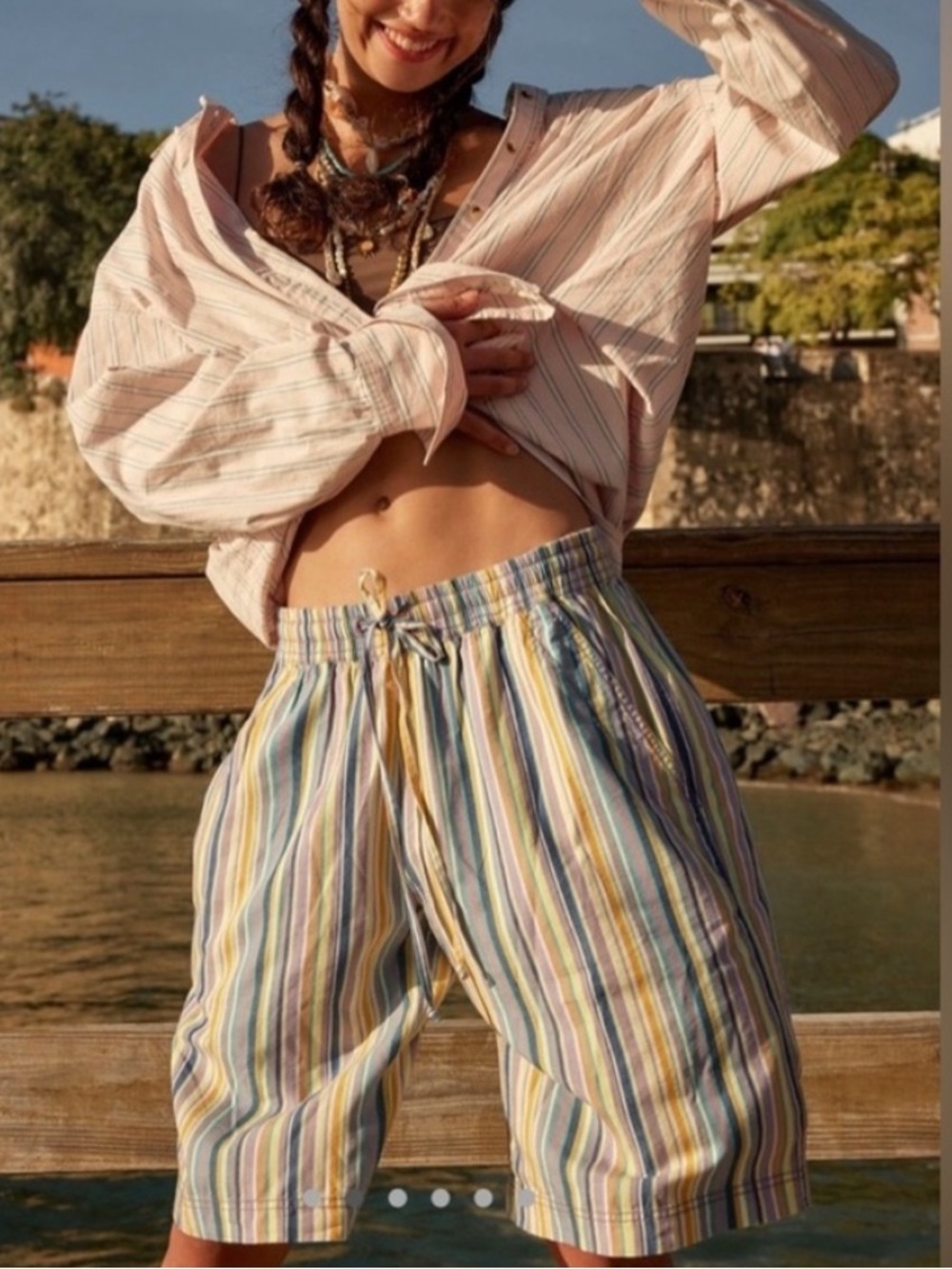 FREE PEOPLE Saylor Poplin Striped Shorts in Sea Combo NWOT M